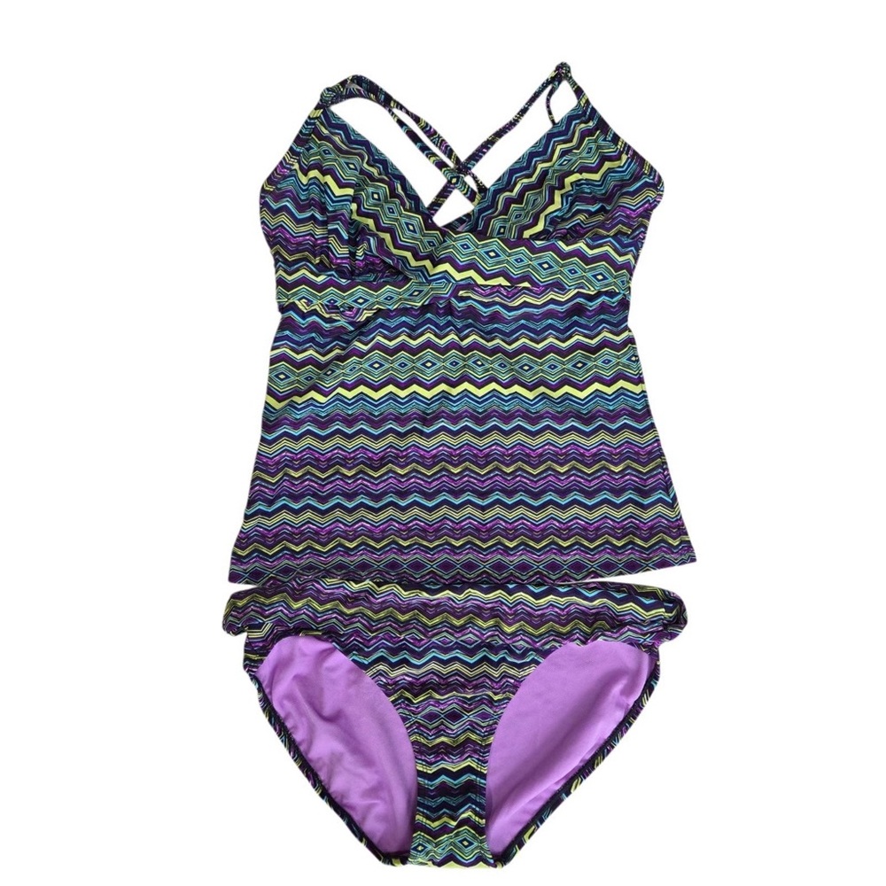 Athleta Tankini Swimsuit 2 Piece Medium Bottom 36DDD Underwire Top Chevron